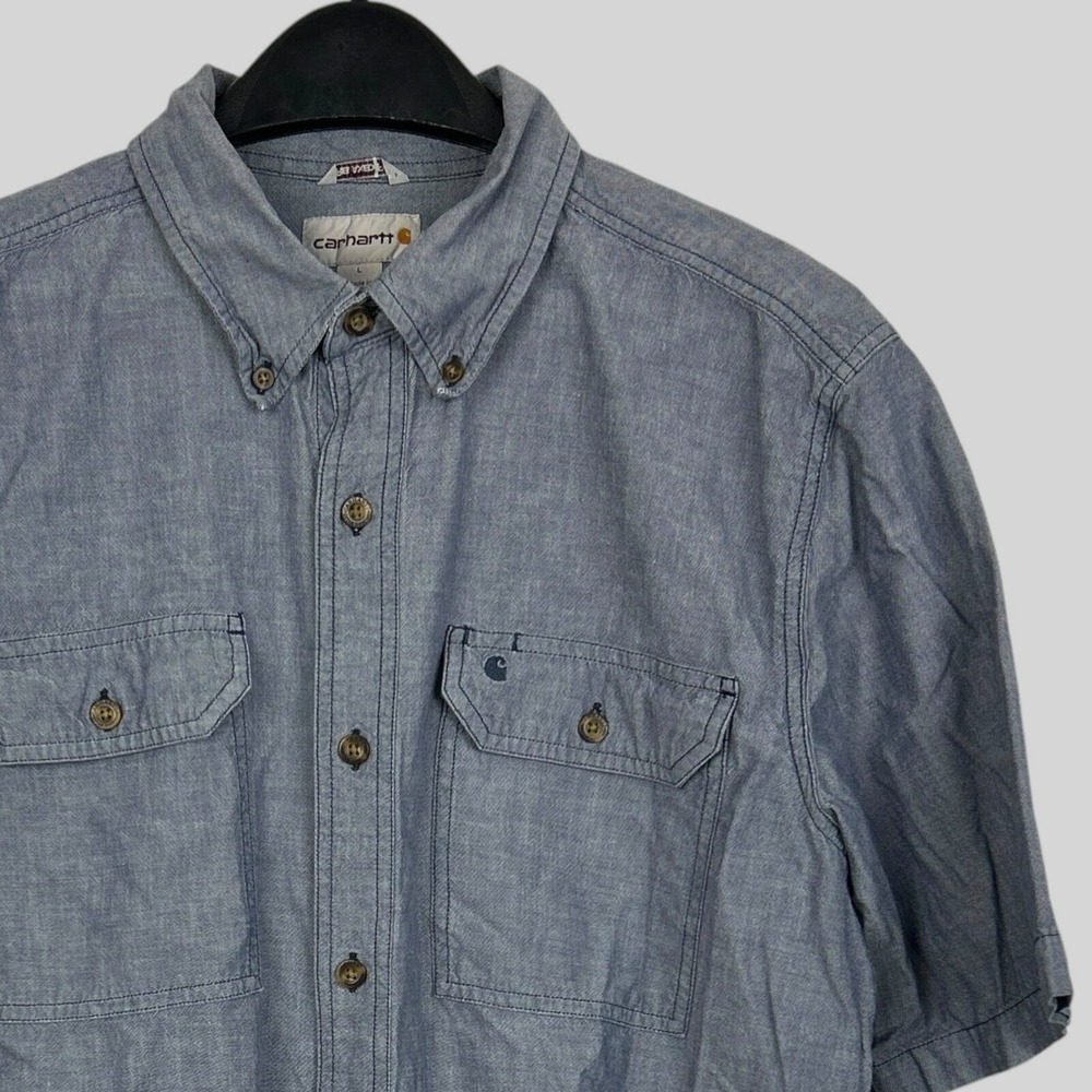 Carhartt Mens Large Relaxed Fit‎ Short Sleeve Button Down Chambray Shirt Blue